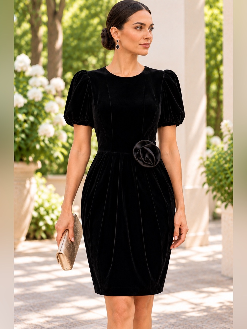 Neiman Marcus Black Velvet Silk Blend Puff Sleeve Rosette Dress Size 4 NWOT